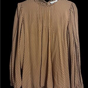 LOFT Brown Polka Dot Blouse Ruffle Sleeve Tie Back Top Size M Feminine Chic